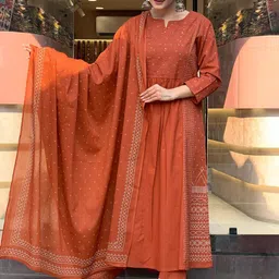 GoSriKi Women Printed Regular Thread Work Kurta with Palazzos & With Dupatta image 2