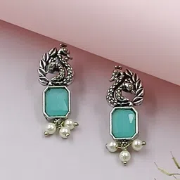 BLACKBOX Artificial Stone Studded Peacock Shaped Oxidised Drop Earring-47