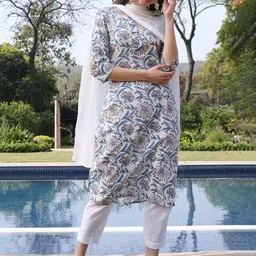 KALINI Floral Printed Notch Neck Straight Pure Cotton Kurta With Trousers & Dupatta-picture-31