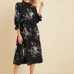 Stylecast X Slyck Floral Printed Tie-Ups High Neck Fit & Flare Midi Dress-image-65