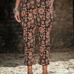 AKISO Women Block Printed Pure Cotton Mid-Rise Straight Trousers-image-11