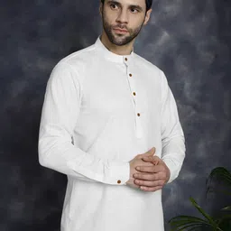 Zombom Men Mandarin Collar Roll-Up Sleeves Straight Kurta-image-54