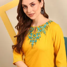 Anouk Yellow Floral Yoke Designed Round Neck Thread Work Pure Cotton Straight Kurta-picture-54