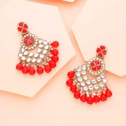 Brado Jewellery Gold-Plated Kundan Studded & Beaded Contemporary Drop Earrings-image-77