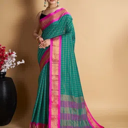 AMRUTKALA SAREES Checked Woven Design Zari Saree with Blouse Piece-image-59