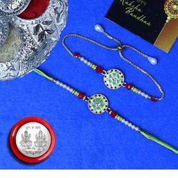 Premium Bhaiya Bhabhi Lumba Rakhi Set with chocolates (36 GM ), roli , chaval and greeting card.-image-72