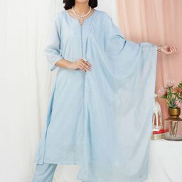 zuri Floral Embroidered Regular Cotton Silk A-Line Kurta With Trouser With Dupatta-image-10