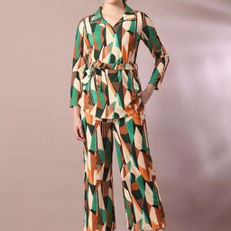 Roadster Green Abstract Printed Shirt Collar Three-Quarter Sleeves Top & Trouser-picture-21