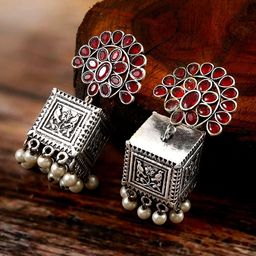 Tanusha Jewels Silver-Plated Pearls Beaded Artificial Stones Studded Oxidised Jhumkas-18