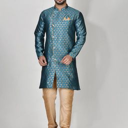 RANAK Men Floral Printed Regular Mandarin Collar Silk Georgette Kurta with Churidar-picture-9