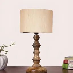 Devansh Off White Drum Shaped Wooden Table Lamp-1