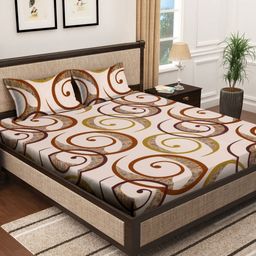 Myntra Elegant Homes White & Brown Printed 300 TC King Bedsheet Set 2.50 m x 2.20m-image-96