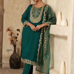 Sangria Floral Yoke Design Sequinned Straight Kurta With Trouser & Dupatta-image-25