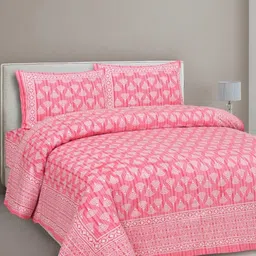 CLOTHOLOGY Pink & White Ethnic Motifs 180 TC King Bedsheet with 2 Pillow Covers-image-7