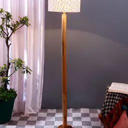 Devansh White Printed Drum Shape Floor Lamp With Wooden Base image 3