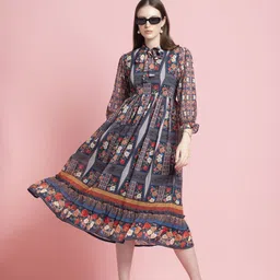 OCTICS Floral Print Tie-Up Neck Georgette Fit & Flare Women Maxi Dress-picture-5