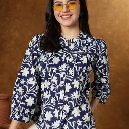 JANAKDULARI CREATION Floral Print Mandarin Collar Puff Sleeve Cotton Shirt Style Crop Top-image-76