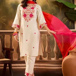Sangria Floral Printed & Embroidered Straight Kurta & Trousers With Dupatta-picture-27