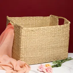 HABERE INDIA Beige Self Design Reusable Seagrass Multi-Utility Basket With Handles-3