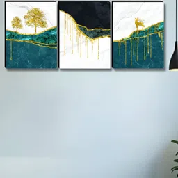Aura White & Gold-Toned 3 Pieces Tree and Deer Wooden Painting Wall Art-image-57