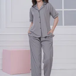 NEYSA Women Solid Pure Cotton Shirt Collar Neck Night suit-picture-20