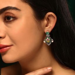 Priyaasi Silver Plated Floral Emarld Oxidized Drop Earrings-15