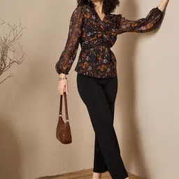 Kibo Women Floral Printed Bishop Sleeves Satin Chiffon Top-36