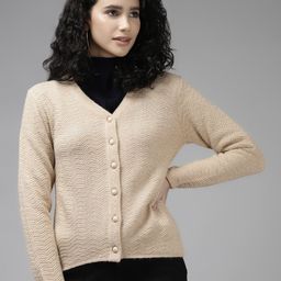 Cayman Women Beige Chevron Cable Knit Wool Cardigan-picture-18