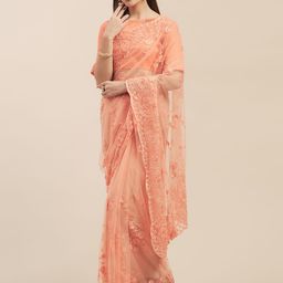 Mitera Peach-Coloured Embroidered Net Saree-image-51