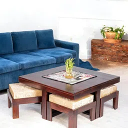 Ikiriya Brown Sheesham Wood Dark Walnut Finish Coffee Table with Stool and Cushions-image-40