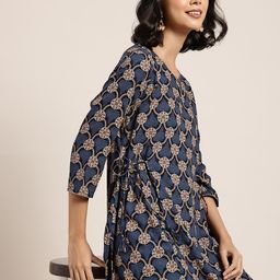 HERE&NOW Floral Printed Keyhole Neck Kurta with Waist Tie Up Detail-image-7