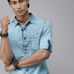 The Roadster Lifestyle Co Men Blue Solid Washed Cotton Denim Shirt-image-67