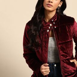 all about you Women Maroon Solid Velvet Padded Jacket-image-45