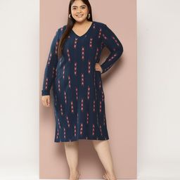 Sztori Plus Size Geometric Woven Design Knitted A-Line Midi Acrylic Dress-image-4