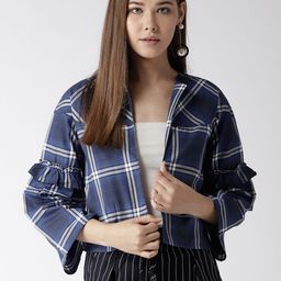 Style Quotient by Noi Navy & White Checked Crop Open Front Shrug-12