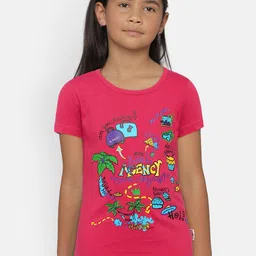 SINI MINI Girls Pink Printed Round Neck T-shirt-image-50