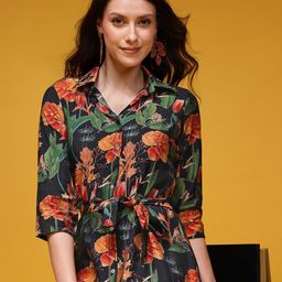 HERE&NOW Indie Floral Printed Shirt Collar Belted Knee Length A-Line Dress-image-40