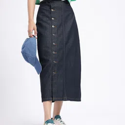 glitchez Denim Finesse Midi Straight Skirt with Side Slit-image-71