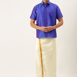 THANGAMAGAN Men Blue & Off White Shirt with Dhoti Pants-19