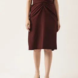 Antheaa Women Maroon Solid Ruched Pencil Skirt-image-7