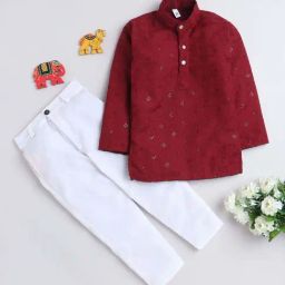 Fourfolds Boys Maroon Cotton Embroidery Full Sleeves Kurta Set-image-50