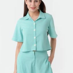 Zink London Turquoise Regular Fit Crop Shirt-image-10