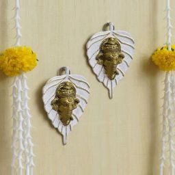 eCraftIndia White & Gold Metal Peepal Leaf Ganesha Wall Hangings - Set of 2-24