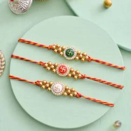 Aapno Rajasthan Enameled Swastik Bead Work Set of 3 Rakhi-image-97