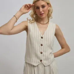 VIRGIO Beige Regular Fit Striped Waistcoat-picture-25