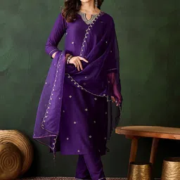 Sangria Floral Embroidered Three-Quarter Sleeves Straight Kurta & Trouser & Dupatta-image-39
