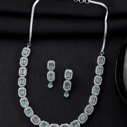 VOJ Silver Plated Sea Green Stone Studded Rectangular AD Necklace & Earring Set-9