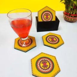 Crayton Yellow Wooden Madhubani Printed Hexagon Coasters with Holder - Set of 6-image-7