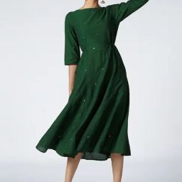 Okhai Emerald Green Pure Cotton Embellished A-Line Dress-image-26