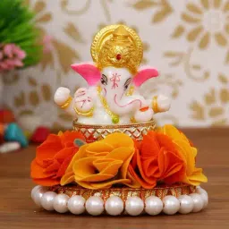 eCraftIndia Lord Ganesha Idol on Decorative Handcrafted Plate with Orange and Yellow Flowers-1
